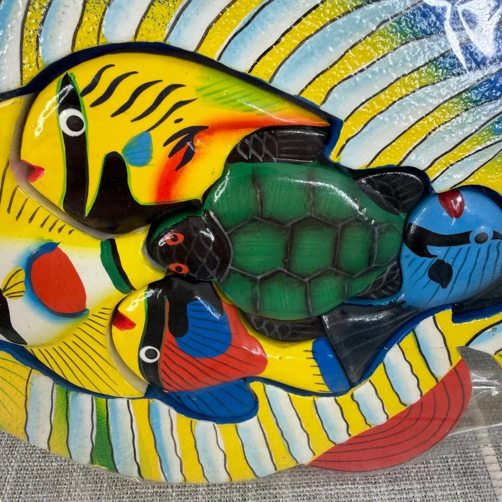Painted Wood Fish Shape Puzzle Colorful 5‎ Pieces Ocean Nautical Made in India